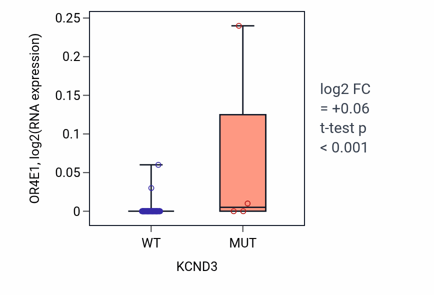 Box plot of OR4E1 in KCND3-low vs KCND3-high samples in CNS.