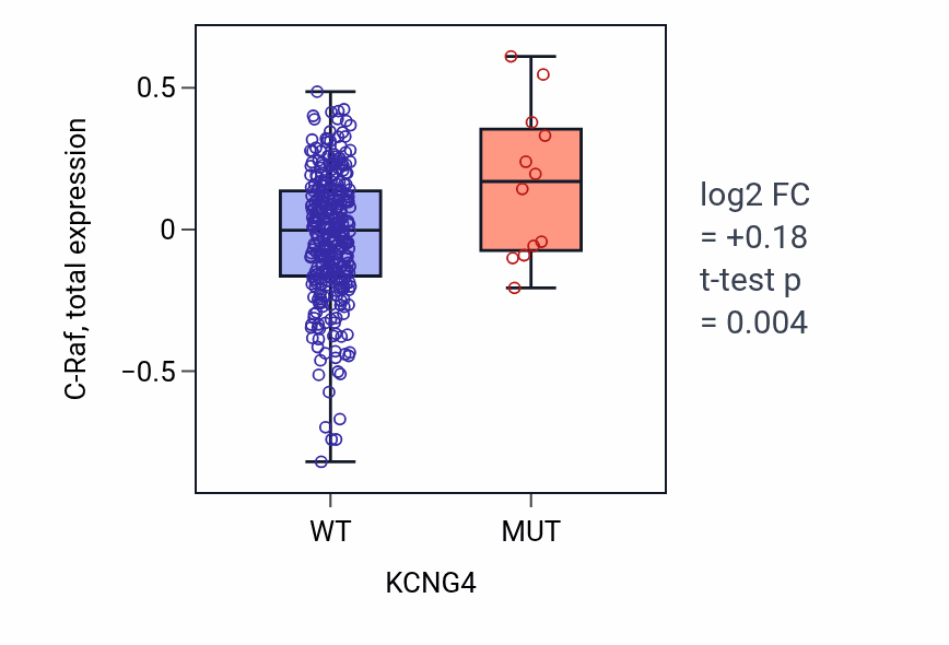 Box plot of C-Raf in KCNG4-low vs KCNG4-high samples in COAD.