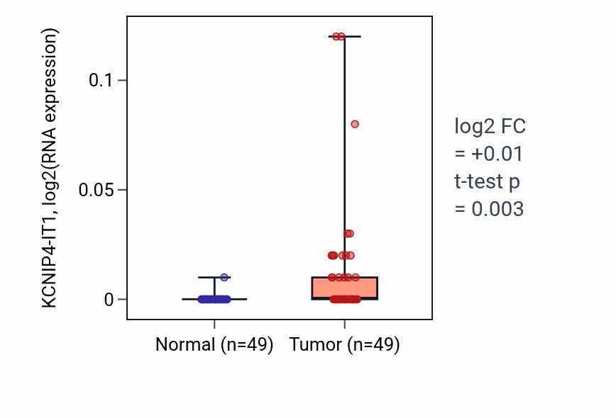 Tumor-vs-normal expression box plot for KCNIP4-IT1 in LUSC.