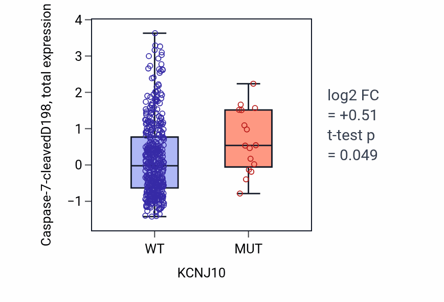 Box plot of Caspase-7-cleavedD198 in KCNJ10-low vs KCNJ10-high samples in UCEC.