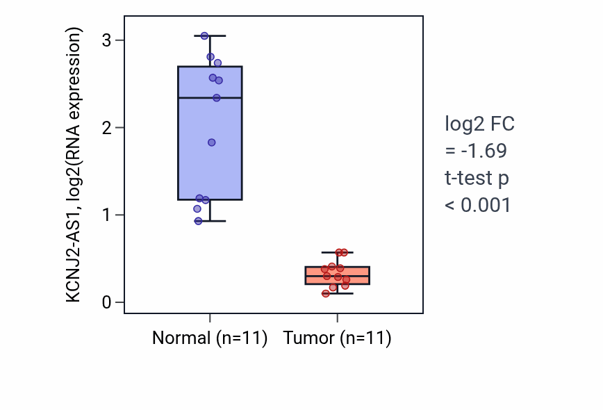 Tumor-vs-normal expression box plot for KCNJ2-AS1 in KICH.