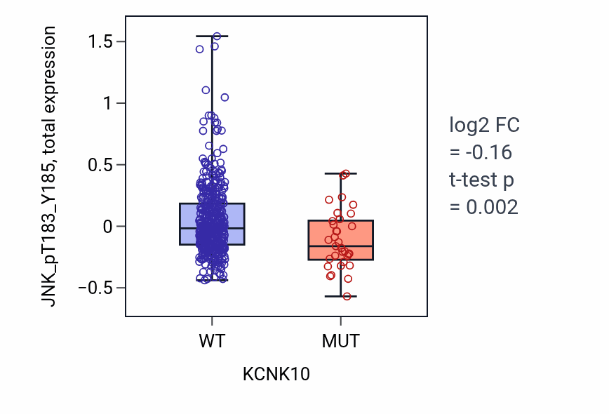 Box plot of JNK_pT183_Y185 in KCNK10-low vs KCNK10-high samples in UCEC.