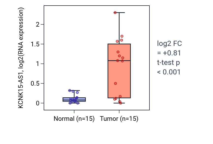 Tumor-vs-normal expression box plot for KCNK15-AS1 in KIRP.