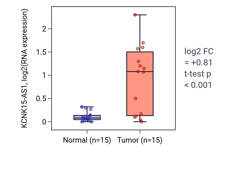 Tumor-vs-normal expression box plot for KCNK15-AS1 RNA in KIRP.