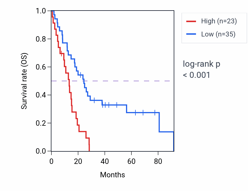 Kaplan&ndash;Meier survival curve for KCNMA1-AS1 RNA expression in MESO: high vs low expression groups.