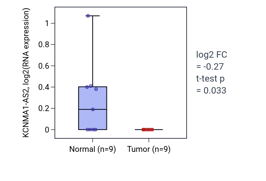Tumor-vs-normal expression box plot for KCNMA1-AS2 in UCEC.