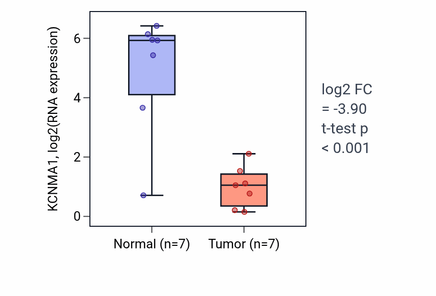 Tumor-vs-normal expression box plot for KCNMA1 RNA in BLCA.