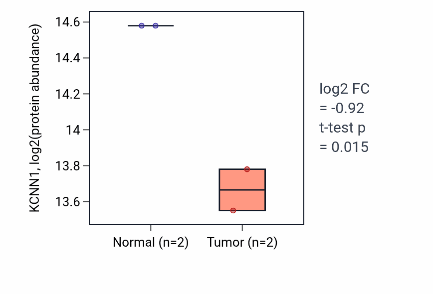 Tumor-vs-normal mass-spec protein box plot for KCNN1 in LUAD.
