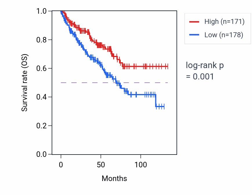 Kaplan&ndash;Meier survival curve for KCNN2 RNA expression in KIRC: high vs low expression groups.