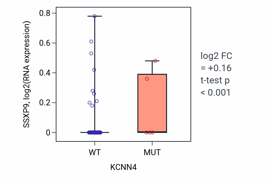 Box plot of SSXP9 in KCNN4-low vs KCNN4-high samples in BLCA.