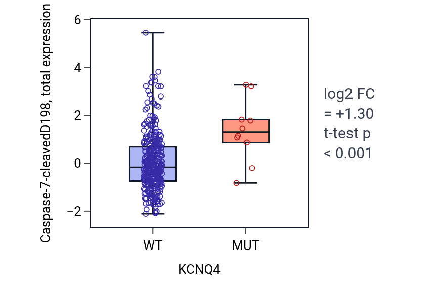 Box plot of Caspase-7-cleavedD198 in KCNQ4-low vs KCNQ4-high samples in COAD.