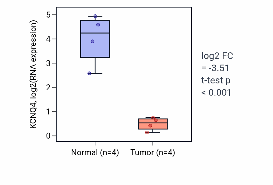 Tumor-vs-normal expression box plot for KCNQ4 RNA in BLCA.