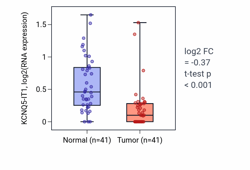 Tumor-vs-normal expression box plot for KCNQ5-IT1 in THCA.