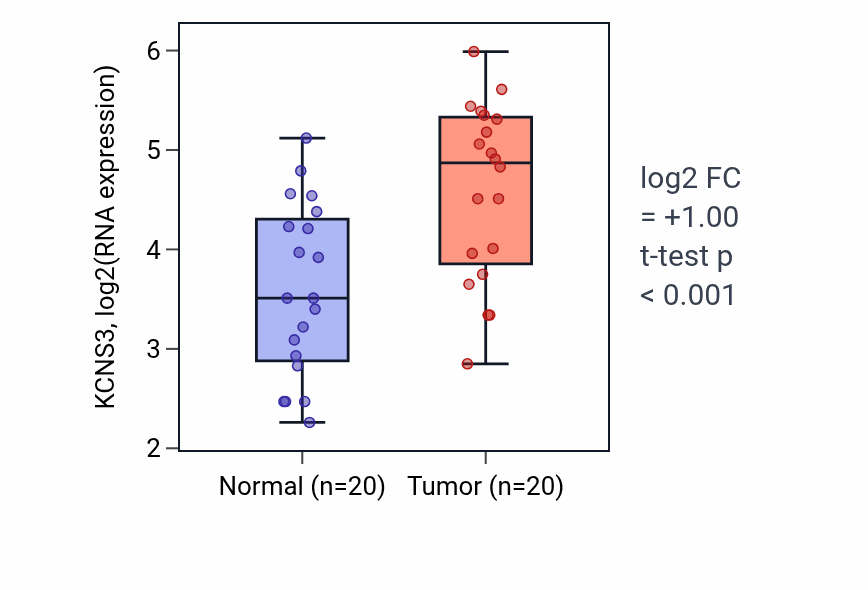 Tumor-vs-normal expression box plot for KCNS3 RNA in KIRC.