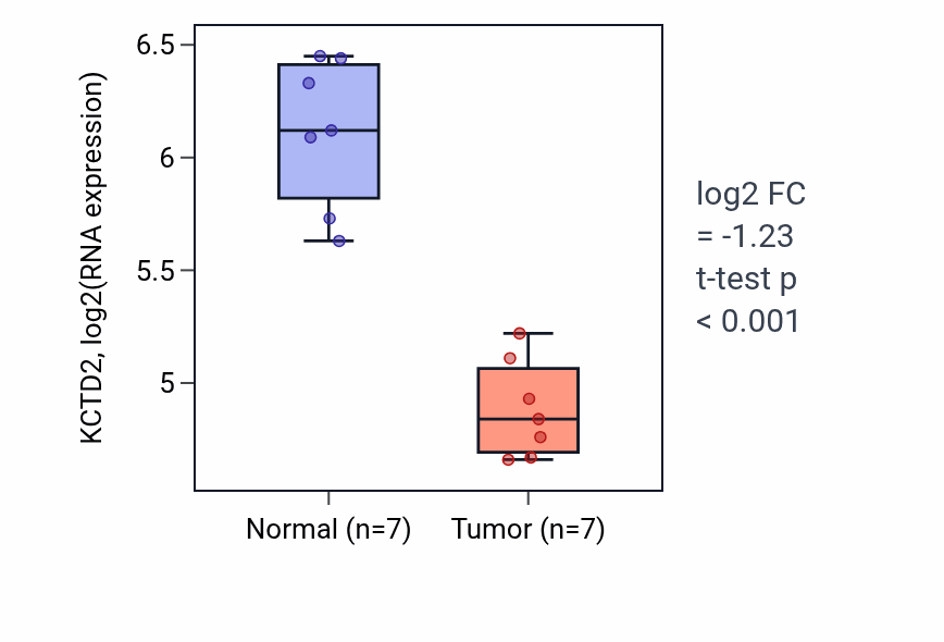 Tumor-vs-normal expression box plot for KCTD2 in THCA.