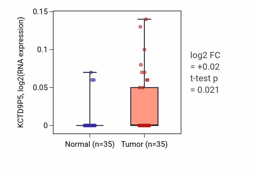 Tumor-vs-normal expression box plot for KCTD9P5 RNA in LUSC.