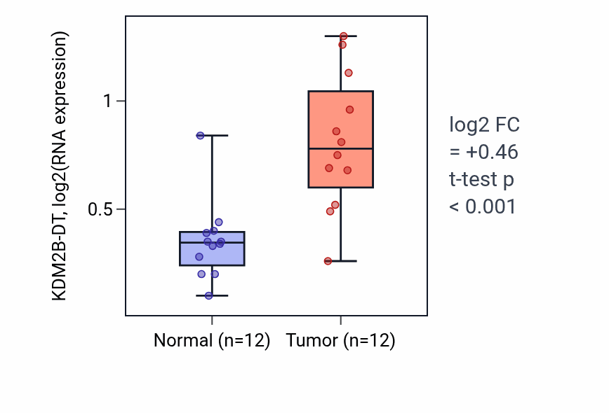 Tumor-vs-normal expression box plot for KDM2B-DT in KIRC.