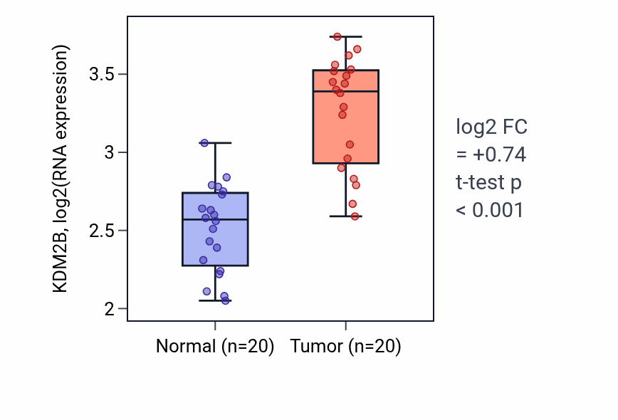 Tumor-vs-normal expression box plot for KDM2B in COAD.