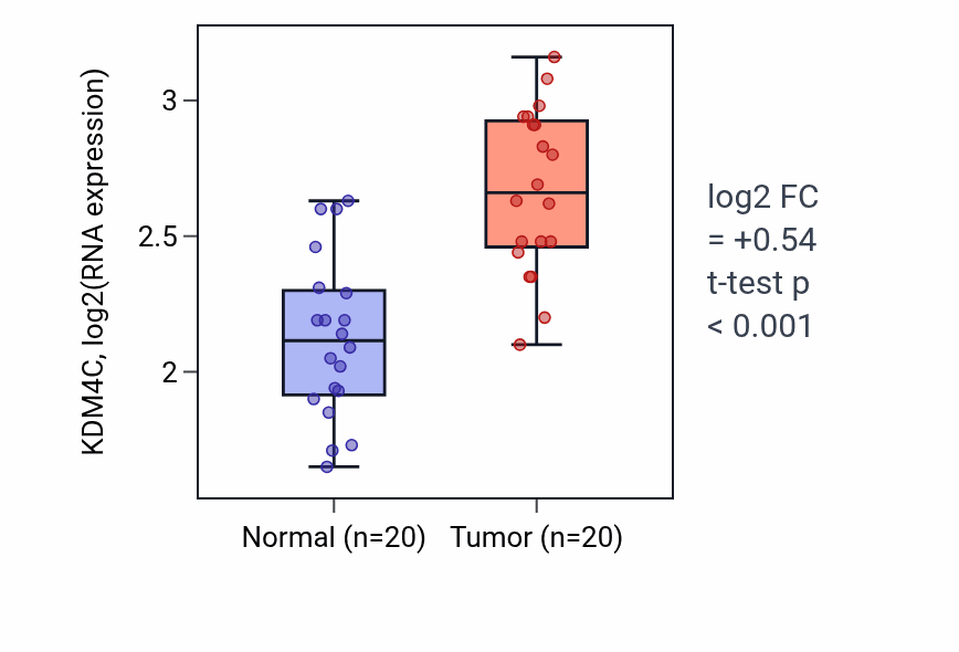 Tumor-vs-normal expression box plot for KDM4C in KIRC.
