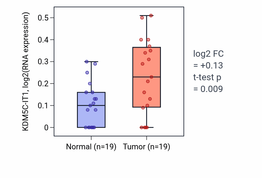 Tumor-vs-normal expression box plot for KDM5C-IT1 in STAD.