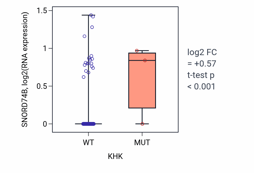 Box plot of SNORD74B in KHK-low vs KHK-high samples in HNSC.