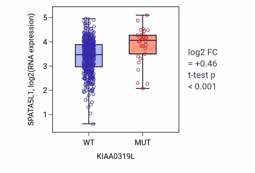 Box plot of SPATA5L1 in KIAA0319L-low vs KIAA0319L-high samples in UCEC.