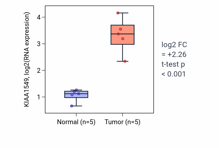 Tumor-vs-normal expression box plot for KIAA1549 RNA in COAD.