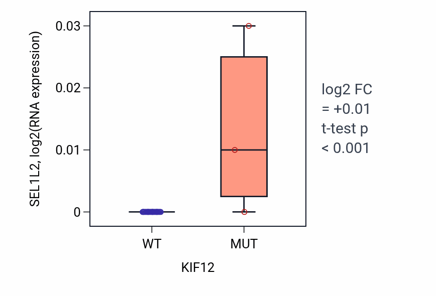 Box plot of SEL1L2 in KIF12-low vs KIF12-high samples in OESOPHAGUS.