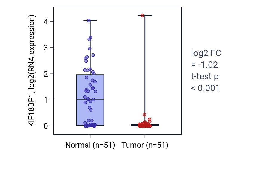 Tumor-vs-normal expression box plot for KIF18BP1 in KIRC.