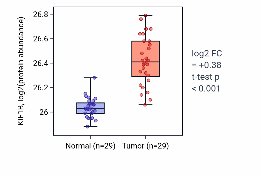 Tumor-vs-normal mass-spec protein box plot for KIF1B in CCRCC.