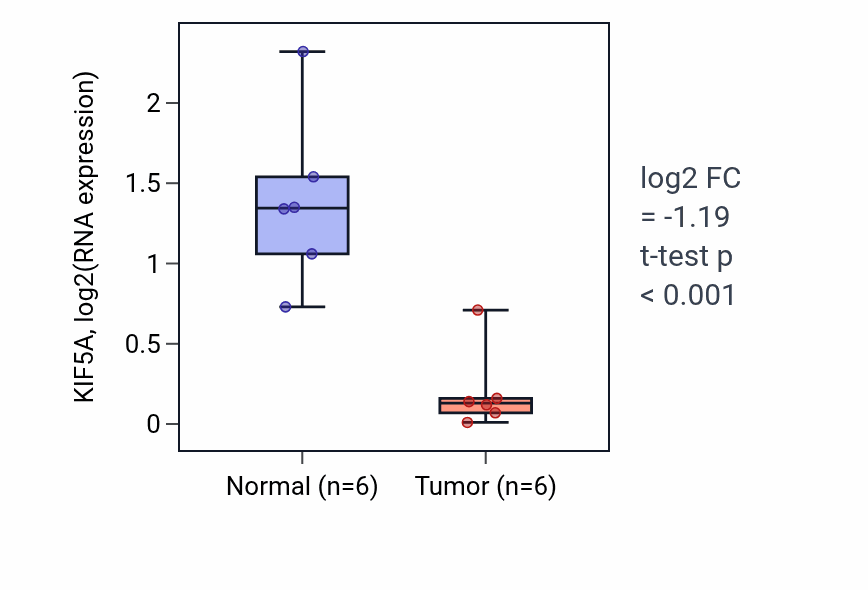 Tumor-vs-normal expression box plot for KIF5A in KIRC.
