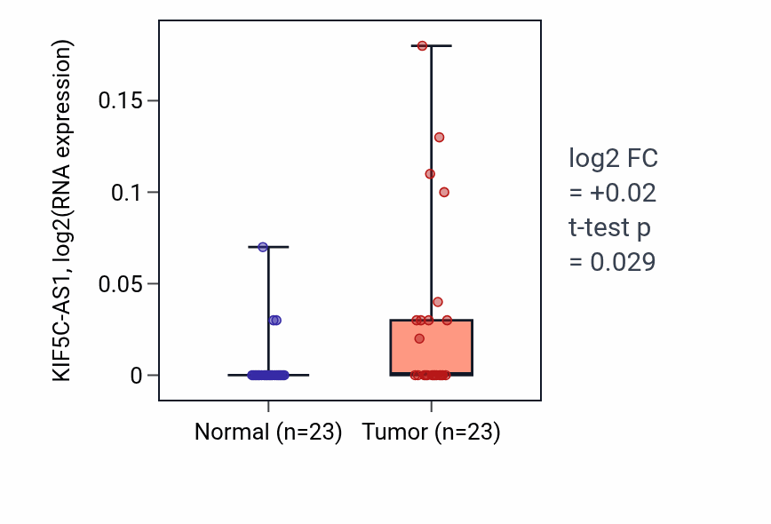 Tumor-vs-normal expression box plot for KIF5C-AS1 in LUAD.