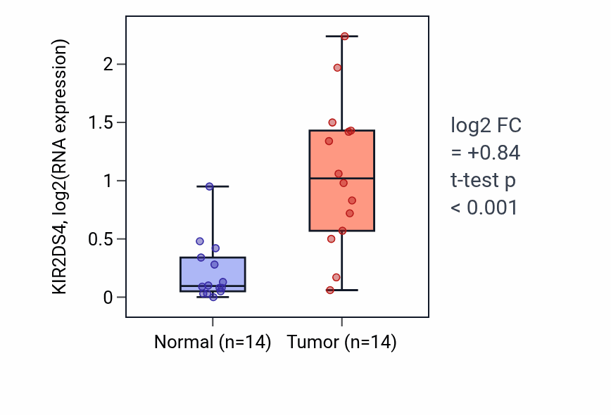 Tumor-vs-normal expression box plot for KIR2DS4 in KIRC.