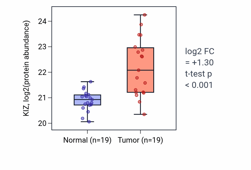 Tumor-vs-normal mass-spec protein box plot for KIZ in LSCC.