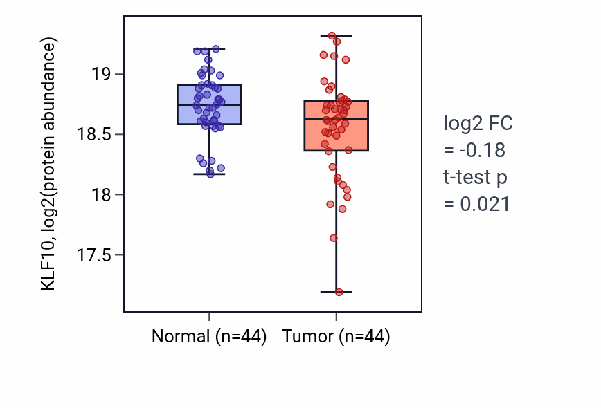 Tumor-vs-normal mass-spec protein box plot for KLF10 in LSCC.