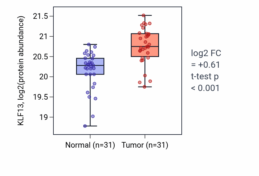 Tumor-vs-normal mass-spec protein box plot for KLF13 in HNSC.