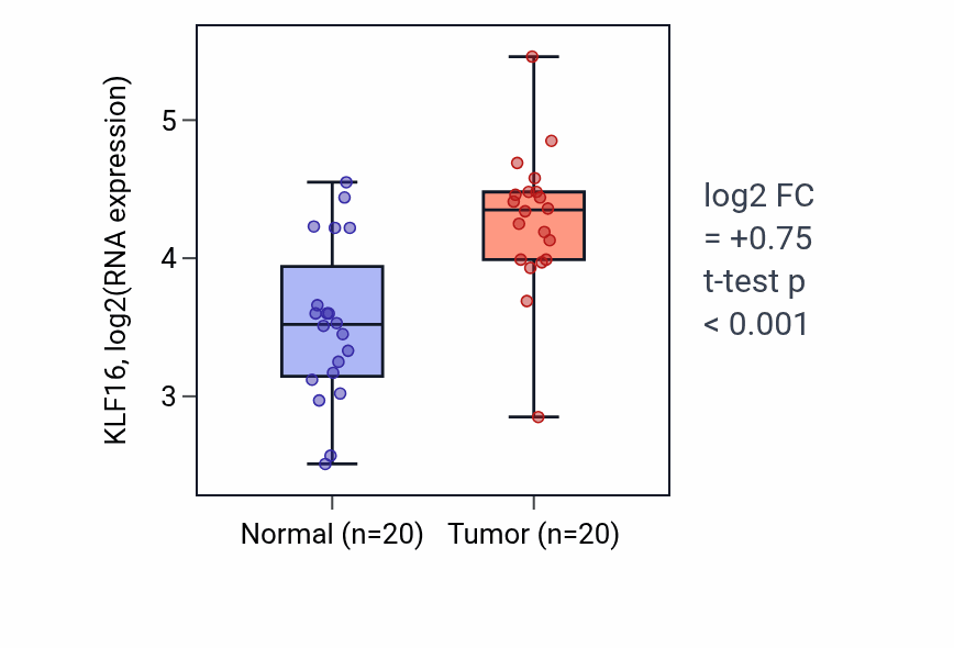 Tumor-vs-normal expression box plot for KLF16 RNA in KIRC.