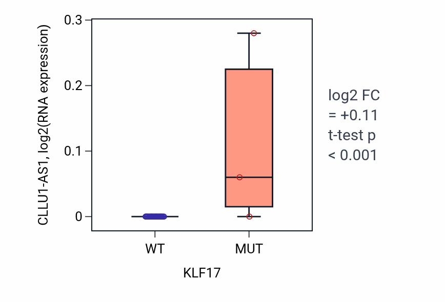 Box plot of CLLU1-AS1 in KLF17-low vs KLF17-high samples in URINARY_TRACT.