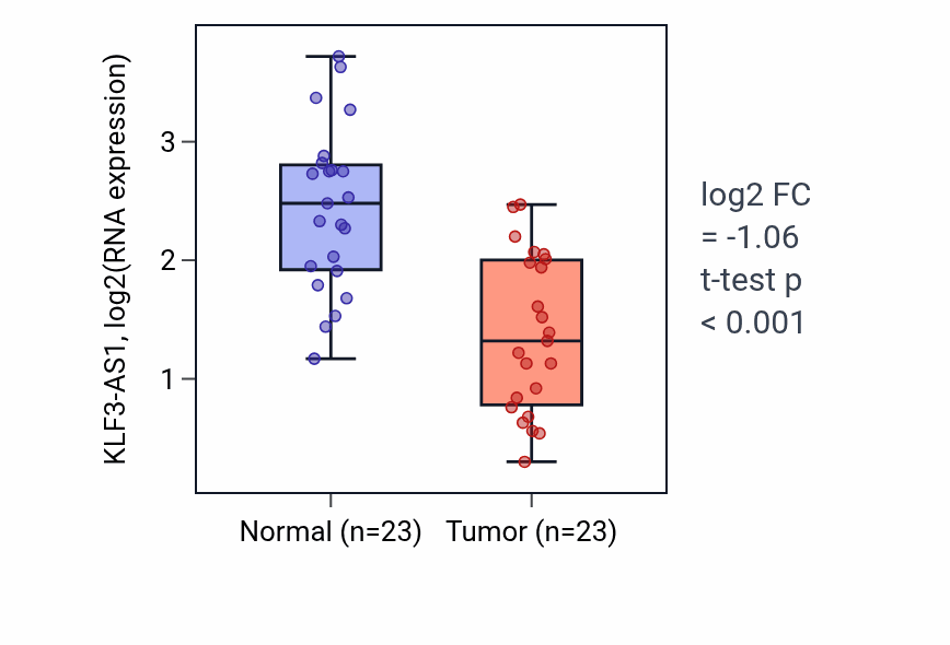 Tumor-vs-normal expression box plot for KLF3-AS1 RNA in UCEC.