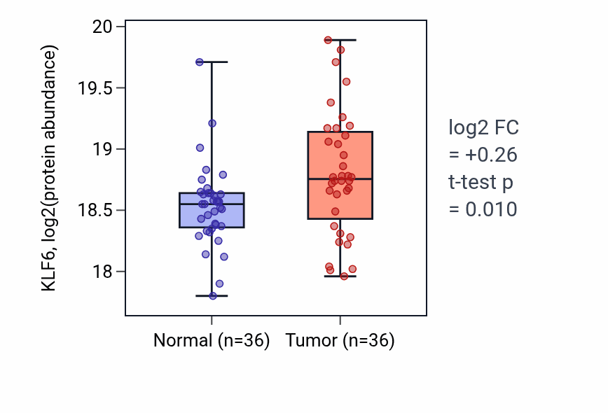 Tumor-vs-normal mass-spec protein box plot for KLF6 in CCRCC.