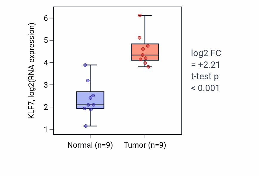 Tumor-vs-normal expression box plot for KLF7 in HNSC.