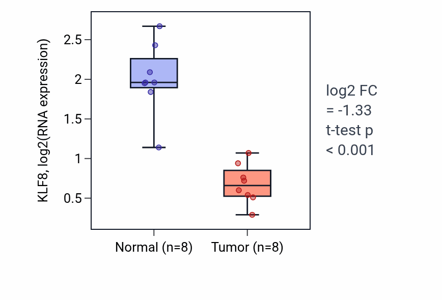 Tumor-vs-normal expression box plot for KLF8 in KICH.