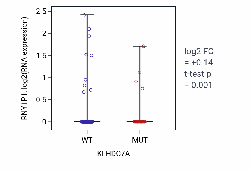 Box plot of RNY1P1 in KLHDC7A-low vs KLHDC7A-high samples in UCEC.