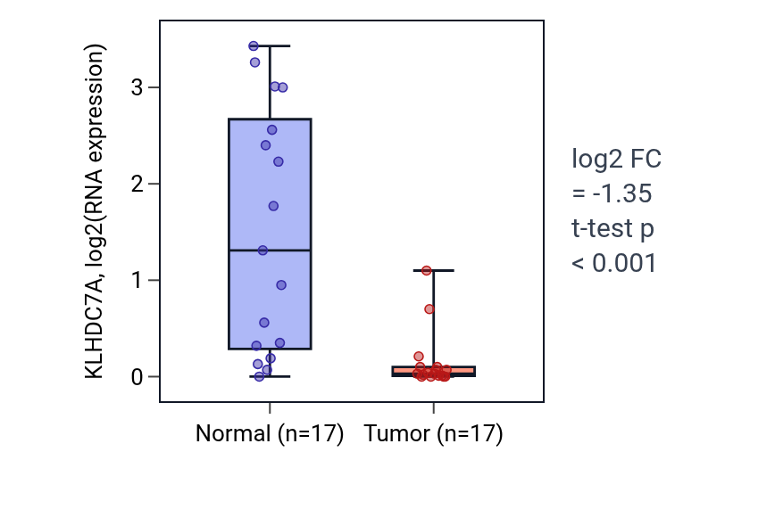 Tumor-vs-normal expression box plot for KLHDC7A in HNSC.