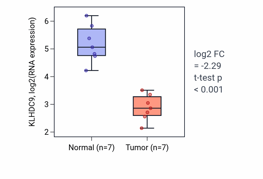 Tumor-vs-normal expression box plot for KLHDC9 in KICH.