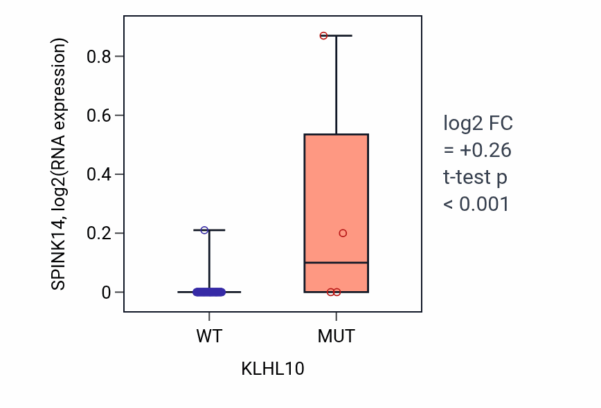 Box plot of SPINK14 in KLHL10-low vs KLHL10-high samples in LUNG_NSCLC_LUAD.