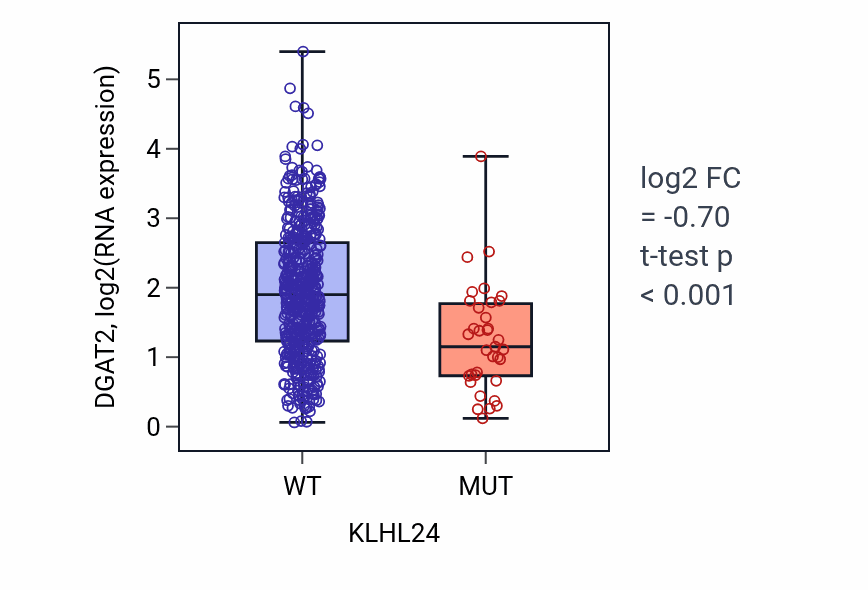 Box plot of DGAT2 in KLHL24-low vs KLHL24-high samples in UCEC.