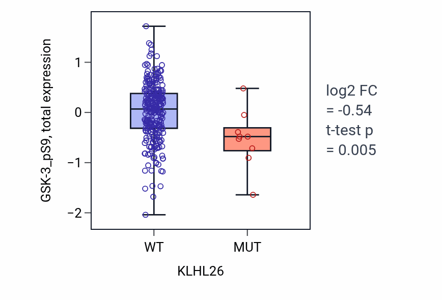 Box plot of GSK-3_pS9 in KLHL26-low vs KLHL26-high samples in STAD.