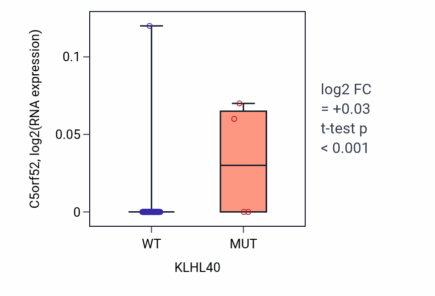 Box plot of C5orf52 in KLHL40-low vs KLHL40-high samples in SKIN.