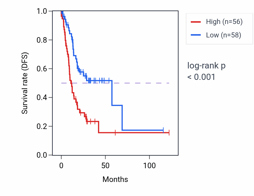 Kaplan&ndash;Meier survival curve for KLHL41 RNA expression in STAD: high vs low expression groups.